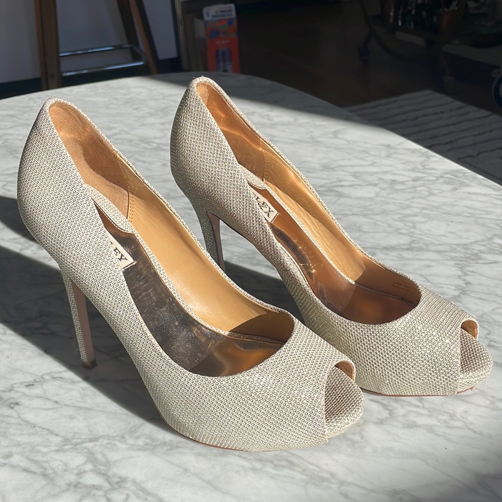 Badgley Mischka Glitter Champagne Gold Peeptoe Platform Pumps 8.5